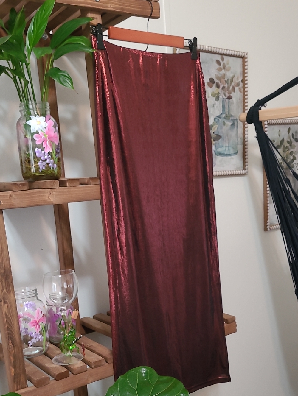 JoJoX Cupshe Deep Red Wine Metallic Maxi Skirt - Picture 6 of 8